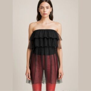 LENA Bandeau Top under Tiered Tulle w/ Beads Black Long Flowy Dress Shirt M